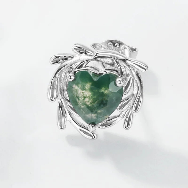 Jewelyking Heart Shaped Green Moss Agate Leaf Flower Rose Gold Silver Unique Vintage Solitaire Wedding Earrings JKES0108