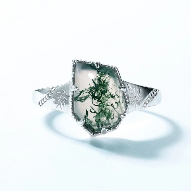 JewelyKing S925 Sterling Silver  Geometric Shape Green Moss Agate Rings JKRS0221