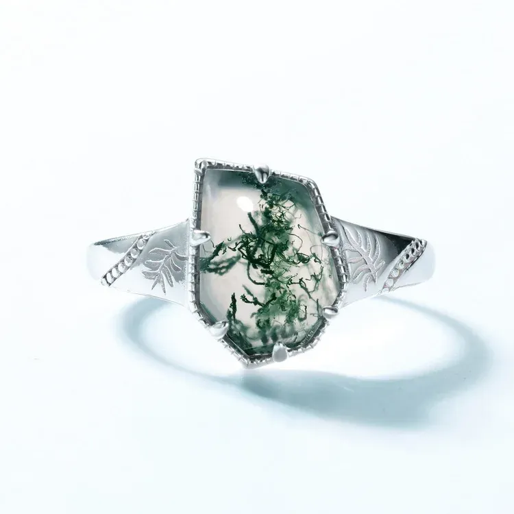 JewelyKing S925 Sterling Silver  Geometric Shape Green Moss Agate Rings JKRS0221