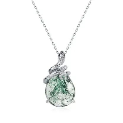 Jewelyking S925 Sterling Silver Snake Shape Green Moss Agate Gemstone Pendant JKNS0090