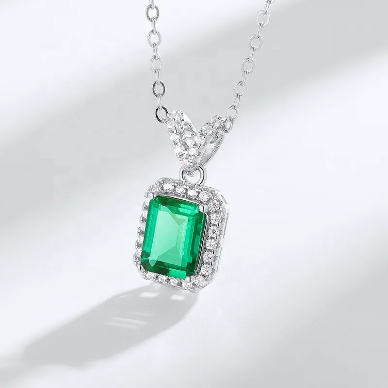 Classic Sterling Silver Rectangle Green Gemstone Pendant Cubic Zirconia Iced Out Square Lab Grown Emeralds Pendant Necklace