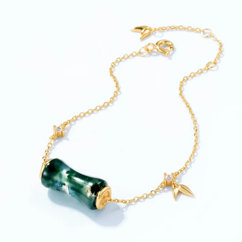Jewelyking S925 Sterling Silver Green Moss Agate Gold Plated Bamboo Barrel Bead CZ Accent Adjustable Chain Bracelet JKBS0039