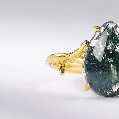JewelyKing S925 Sterling Silver Green Moss Agate Gold Plated Pear Cut Nature Branch Adjustable Ring JKRS0156