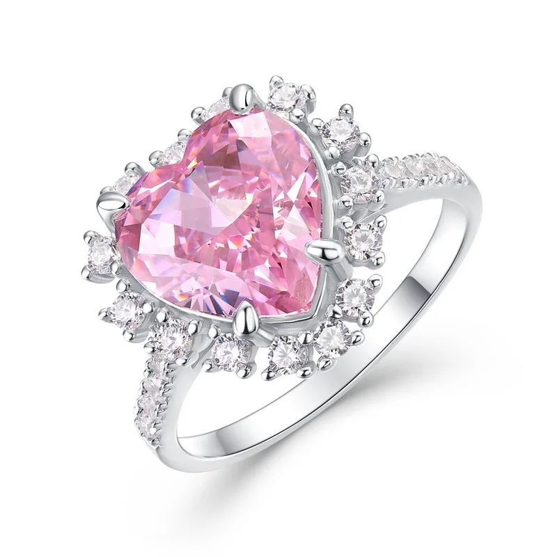 JewelyKing S925 Sterling Silver Pink Heart High Carbon Diamond Zirconia Adjustable Engagement Ring JKRS0260
