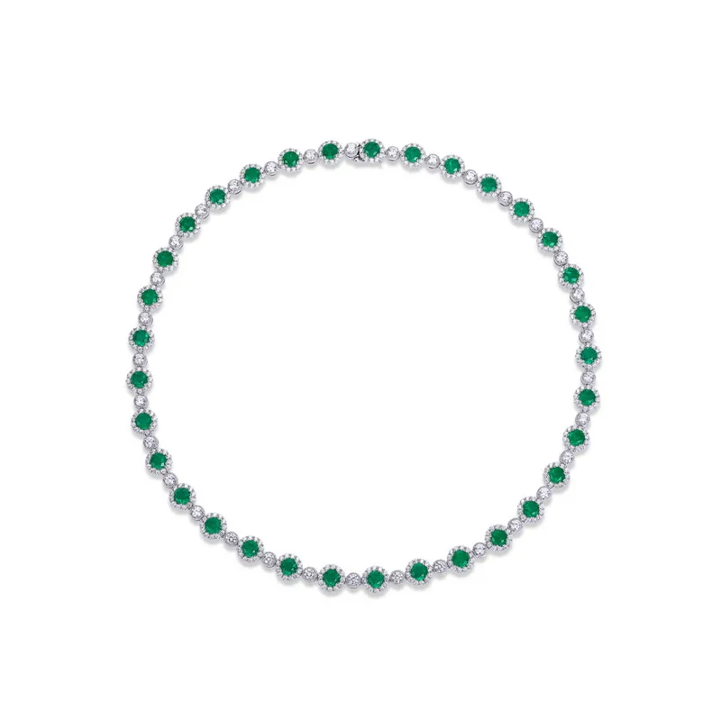 S925 Sterling Silver Green Glass Tennis Necklace for Women Halo Design Round Cut CZ Accent Statement Choker Necklace