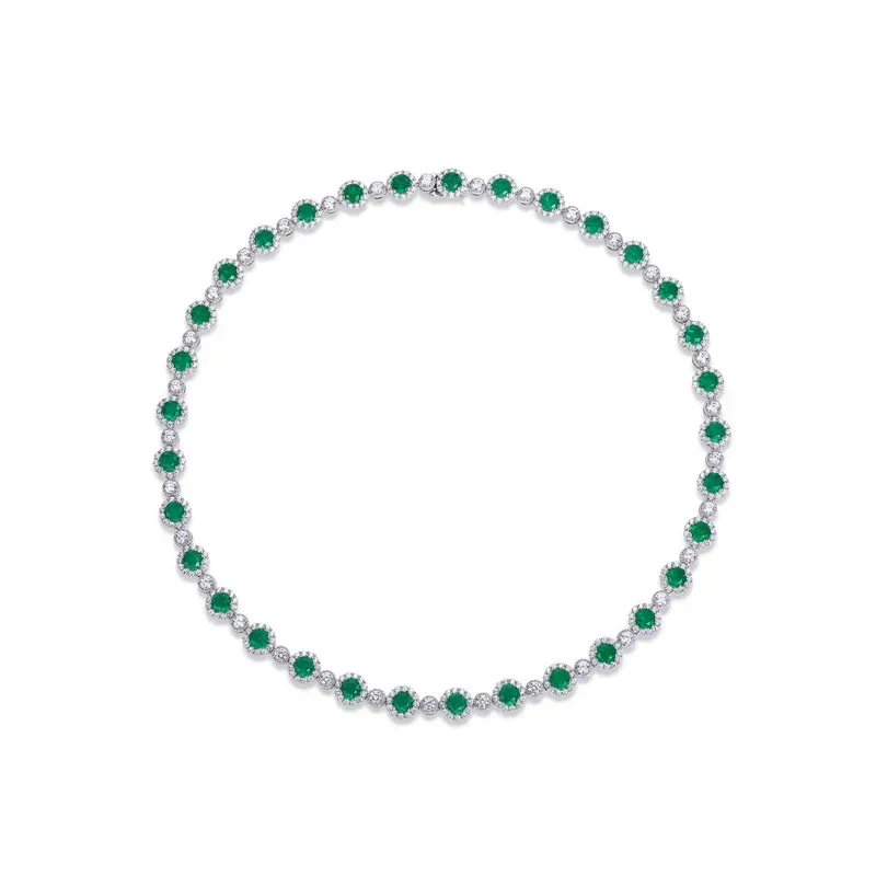 S925 Sterling Silver Green Glass Tennis Necklace for Women Halo Design Round Cut CZ Accent Statement Choker Necklace