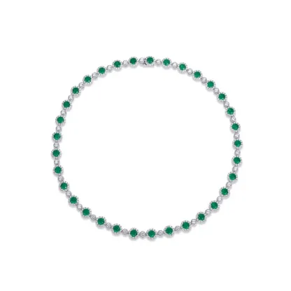 S925 Sterling Silver Green Glass Tennis Necklace for Women Halo Design Round Cut CZ Accent Statement Choker Necklace