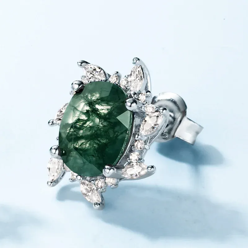 Jewelyking S925 Sterling Silver Trendy Sunflower White Gold Plated Natural Moss Agate and Cubic Zirconia Earrings JKES0100