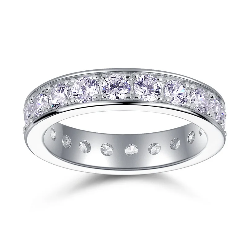 JewelyKing S925 Sterling Silver Single Row Channel Cubic Zirconia Full Eternity Band Classic Stackable Wedding Ring JKRS0253