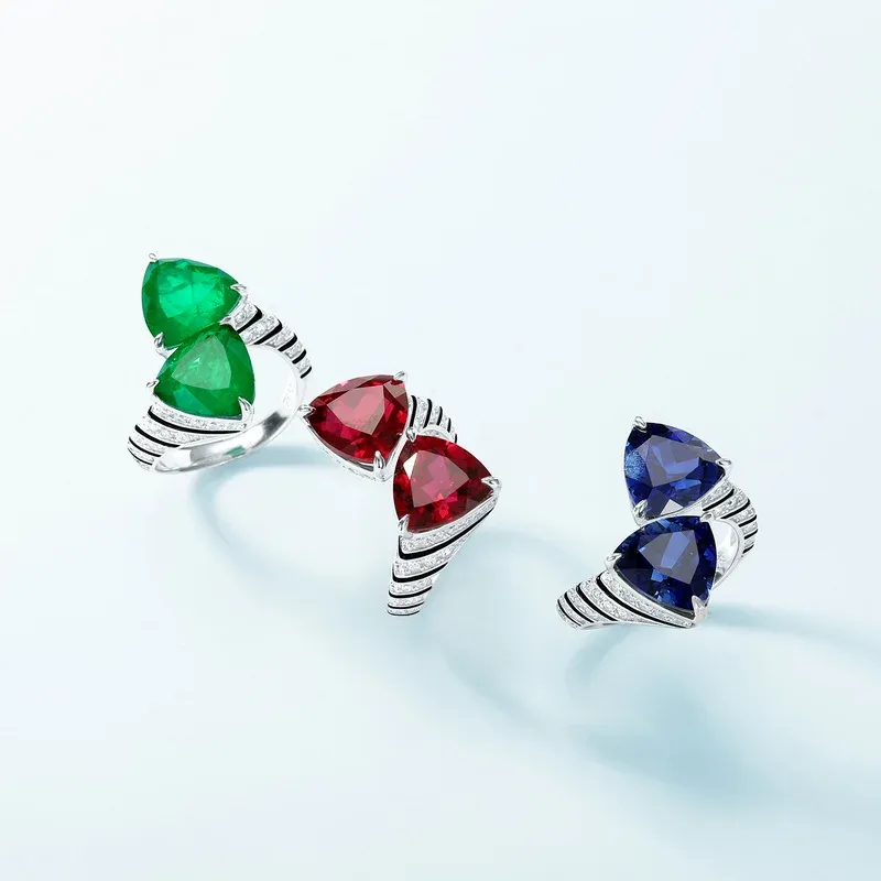 JewelyKing S925 Silver Exquisite Triangular Diamond Inlaid Cultivation of Colored Gemstone Open Ring  JKRS0286
