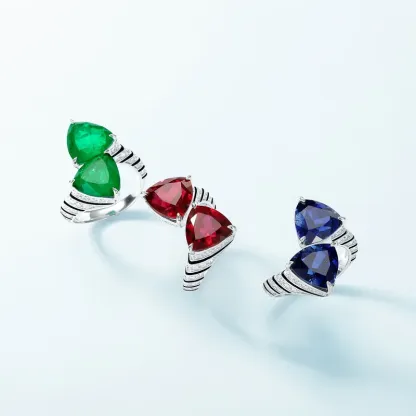 JewelyKing S925 Silver Exquisite Triangular Diamond Inlaid Cultivation of Colored Gemstone Open Ring  JKRS0286
