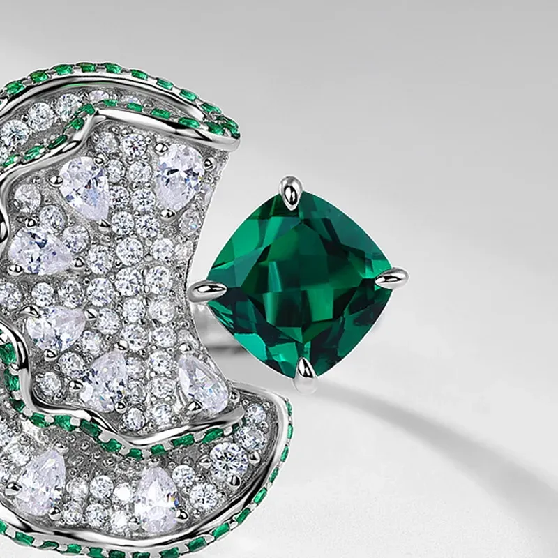 Panyu 925 Silver Adjustable Ring Lab Created Emerald Elegant Fan Shaped Gemstone Design
