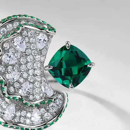 Panyu 925 Silver Adjustable Ring Lab Created Emerald Elegant Fan Shaped Gemstone Design