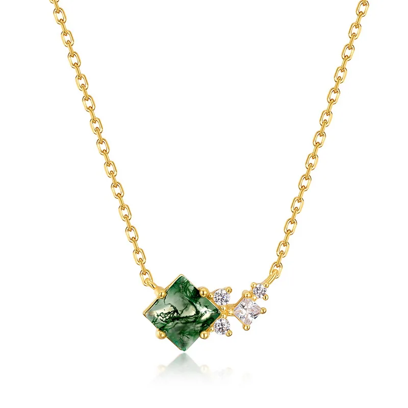 Jewelyking S925 Silver Kite Natural Moss Agate 18K Gold Plated Halo CZ Pendant Necklace JKNS0106
