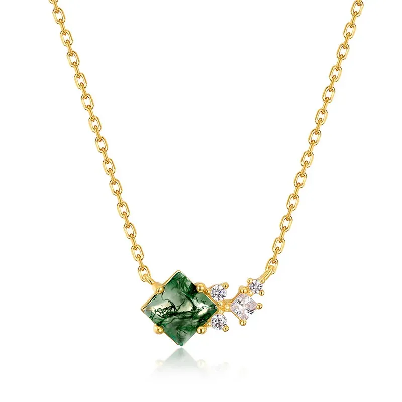 Jewelyking S925 Silver Kite Natural Moss Agate 18K Gold Plated Halo CZ Pendant Necklace JKNS0106