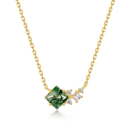 Jewelyking S925 Silver Kite Natural Moss Agate 18K Gold Plated Halo CZ Pendant Necklace JKNS0106