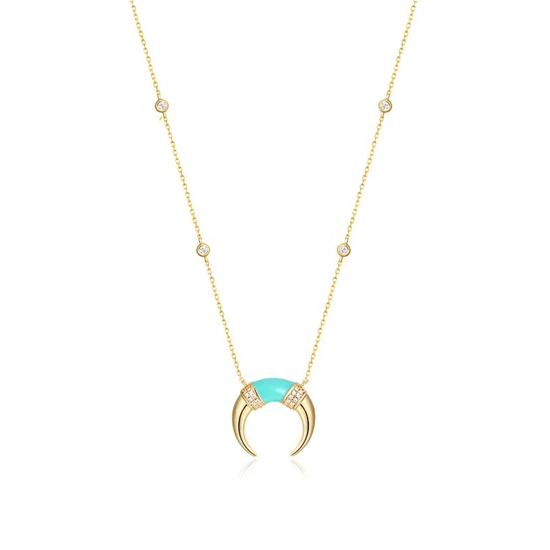JewelyKing S925 Boho Sterling Silver Enamel  Gold Buffalo Tusk Horn Crescent Moon Long Necklace JKNS0142
