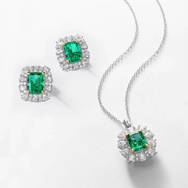 S925 Sterling Silver Ring for Women Colored Ice Flower Cut Rectangle Emerald Snowflake Green Zirconia Lab Grown Diamond Ring