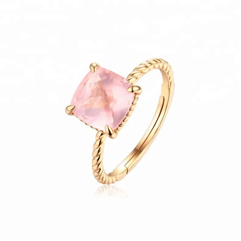 JewelyKing S925 Silver Single Stone Finger pink square Natural Rose Quartz Ring JKRS0271