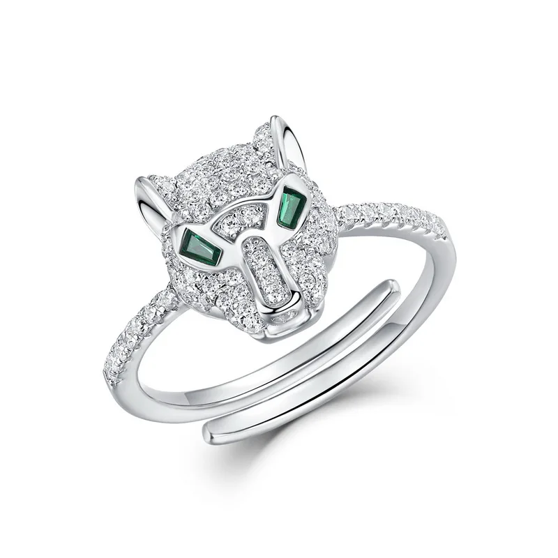 JewelyKing S925 Sterling Silver Panther Cubic Zirconia Green Spinel Jaguar Jewelry Animal Ring JKRS0259