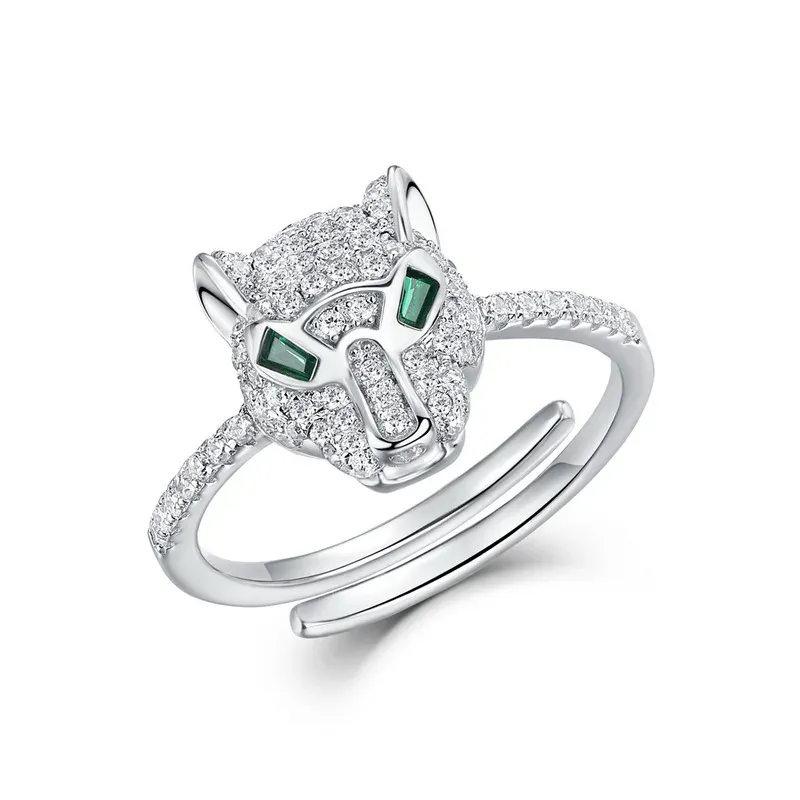 JewelyKing S925 Sterling Silver Panther Cubic Zirconia Green Spinel Jaguar Jewelry Animal Ring JKRS0259