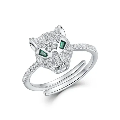 JewelyKing S925 Sterling Silver Panther Cubic Zirconia Green Spinel Jaguar Jewelry Animal Ring JKRS0259