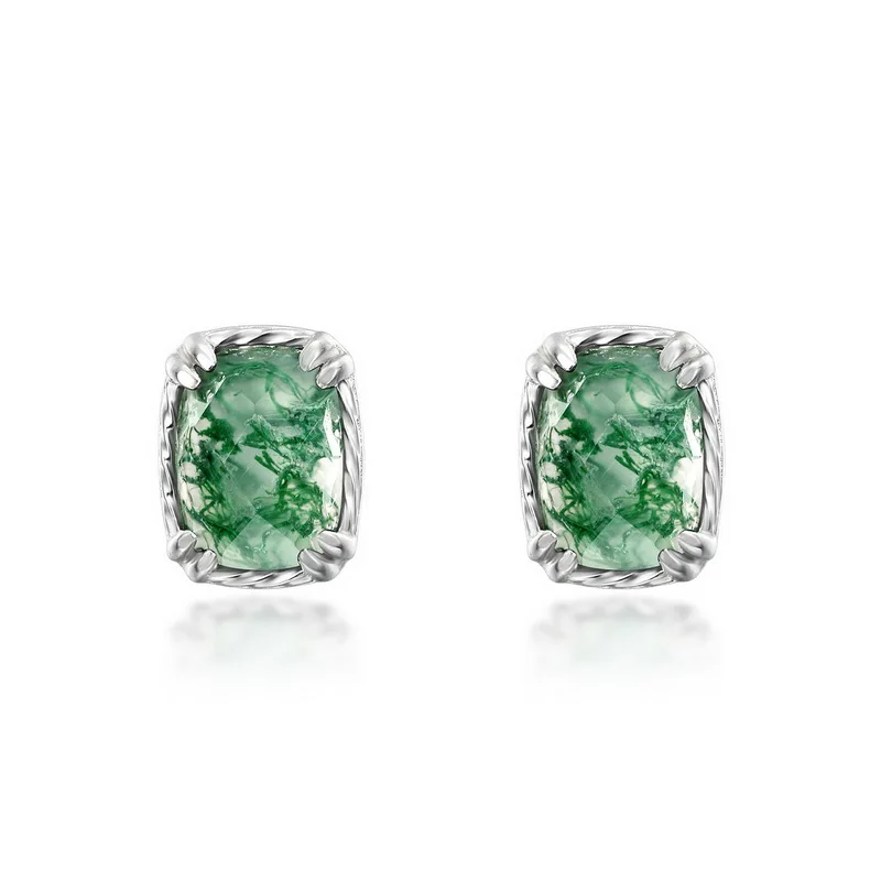 Jewelyking S925 Silver Sterling  Green Moss Agate Round Natural Earrings JKES0093
