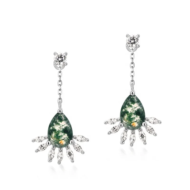 Jewelyking S925 Sterling Silver Bling Zircon Drape Tassel Pear Shape Green Moss Agate Stud Earrings JKES0071