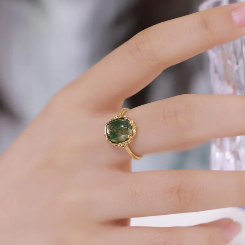 JewelyKing S925 Sterling Silver 14K Gold Plated Gemstone Green Moss Agate Vintage Ring JKRS0180