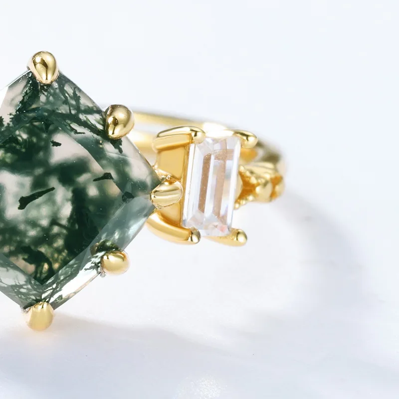 JewelyKing S925 Sterling Silver Oval Green Moss Agate Ring Natural Moss Agate Engagement Rings JKRS0133