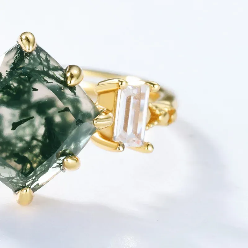 JewelyKing S925 Sterling Silver Oval Green Moss Agate Ring Natural Moss Agate Engagement Rings JKRS0133
