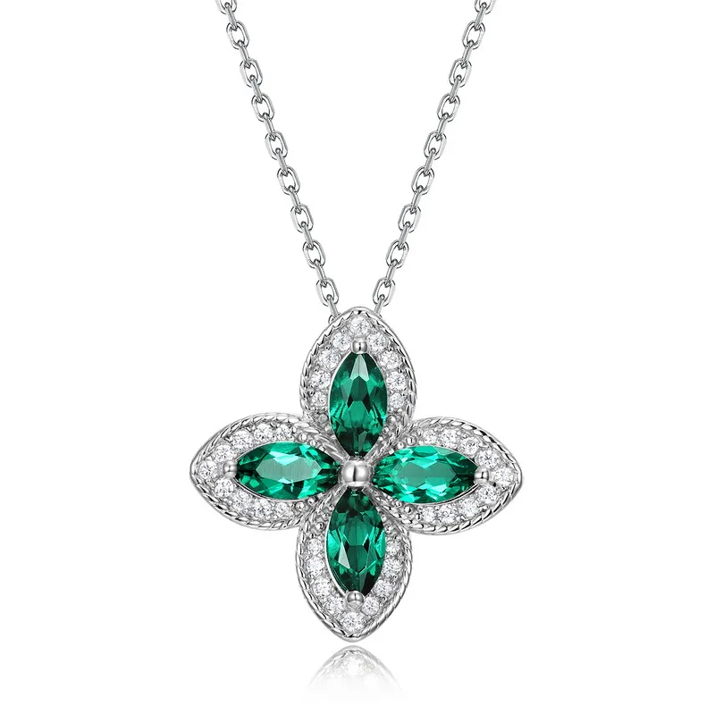 JewelyKing S925 Sterling Silver Lab Grown Emerald Clover Necklace JKNS0021