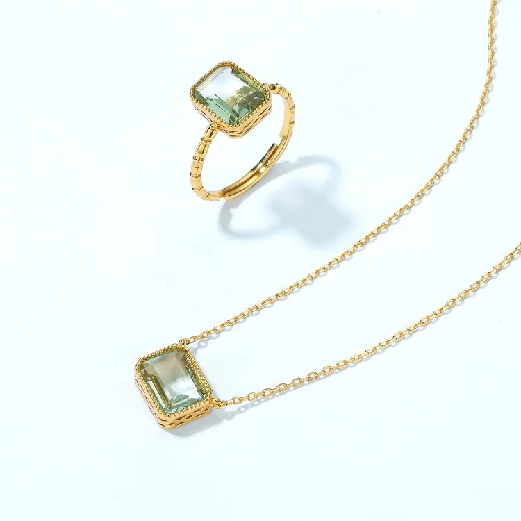 JewelyKing Synthetic Green Amethyst Solitaire Simple Design Geometric Single Stone Necklace JKNS0163