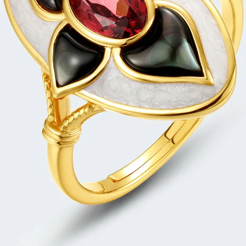 JewelyKing S925 Exquisite Sterling Silver 18K Gold Ring Vintage Garnet Fashion Ring JKRS0269