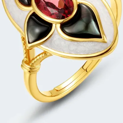 JewelyKing S925 Exquisite Sterling Silver 18K Gold Ring Vintage Garnet Fashion Ring JKRS0269