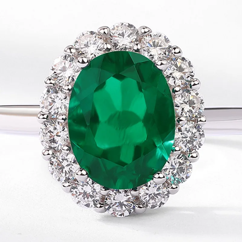 S925 Sterling Silver Oval Cut Lab Grown Emerald Halo Adjustable Ring for Women