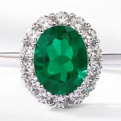 S925 Sterling Silver Oval Cut Lab Grown Emerald Halo Adjustable Ring for Women
