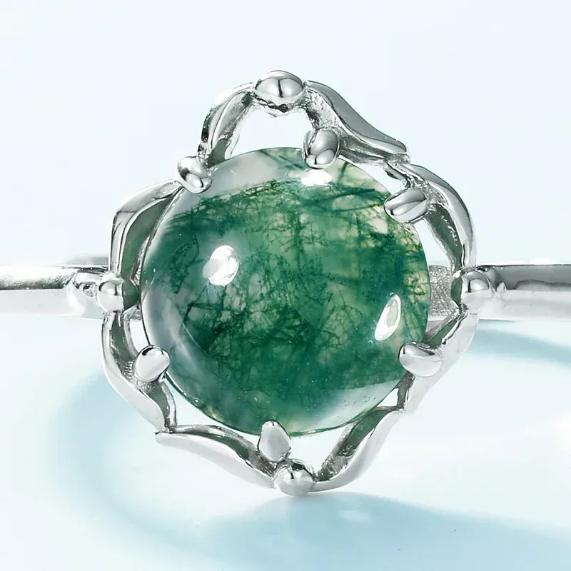 JewelyKing S925 Sterling Silver Natural Green Moss Agate Engagement Wedding Ring JKRS0200