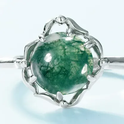 JewelyKing S925 Sterling Silver Natural Green Moss Agate Engagement Wedding Ring JKRS0200
