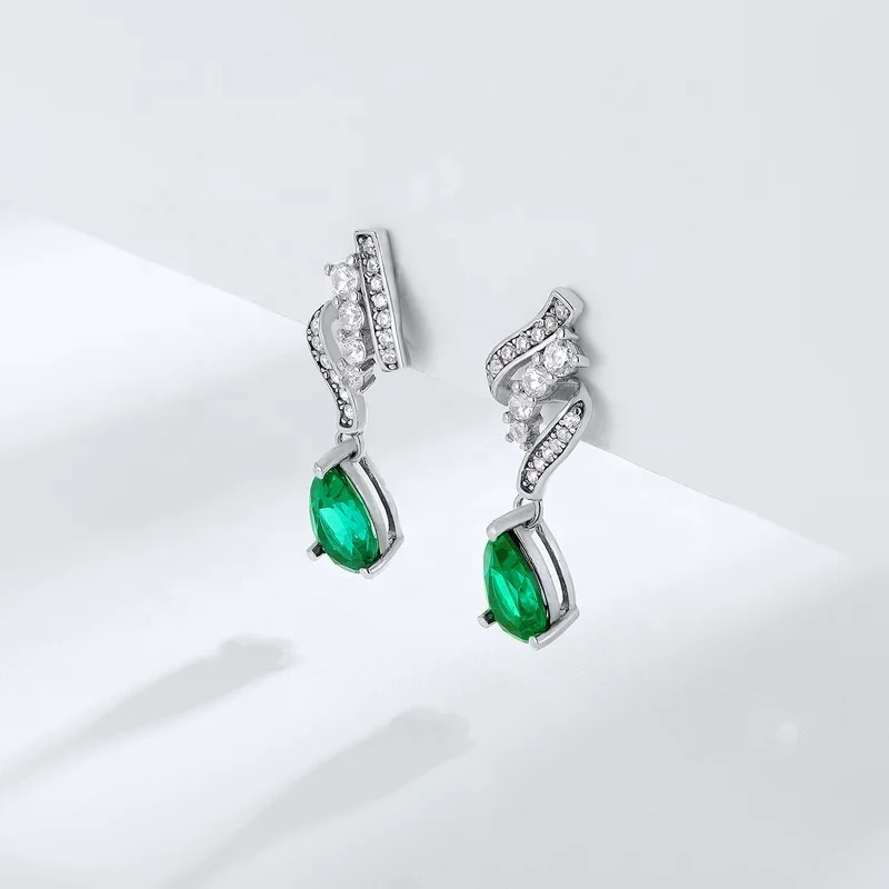 Sterling Silver 925 Dainty Gemstones Waterdrop Teardrop Earrings Shiny Zircon and Lab Grown Emerald Hanging Earrings