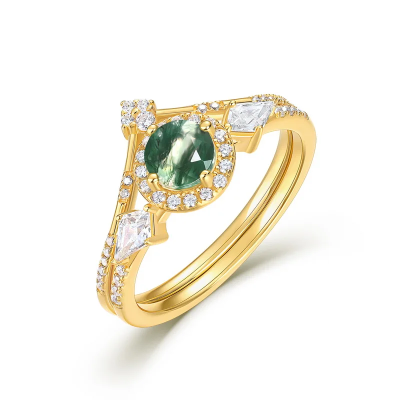 JewelyKing S925 Sterling Silver Round Cut Natural Gemstone 18k Gold Plated Green Moss Agate Engagement Rings  JKRS0194