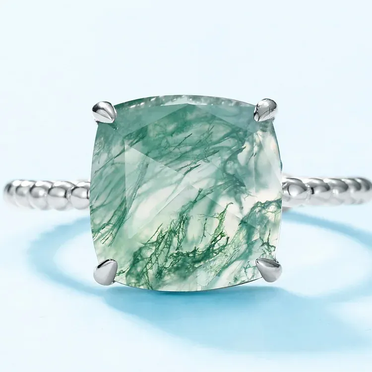 JewelyKing S925 Sterling Silver Natural Green Moss Agate Open Minimalist Gemstone Ring JKRS0188