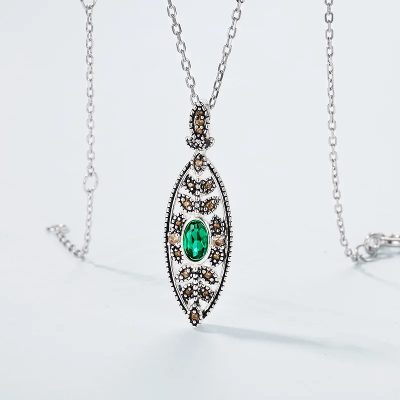 925 Sterling Silver Plated Gemstone Vintage Cz Zirconia Hollow Leaf Lab Emerald Pendant