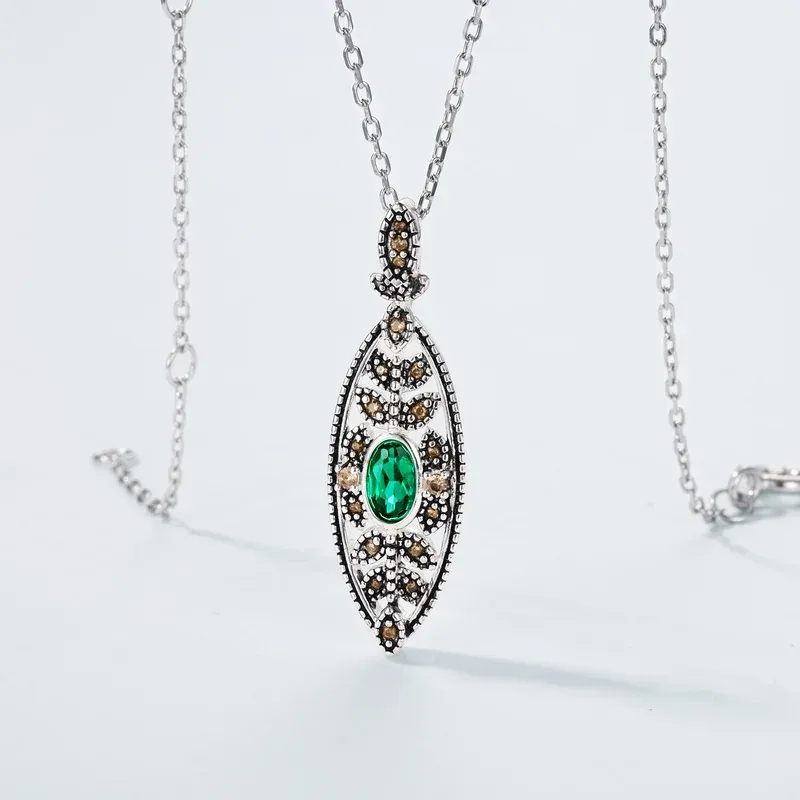 925 Sterling Silver Plated Gemstone Vintage Cz Zirconia Hollow Leaf Lab Emerald Pendant