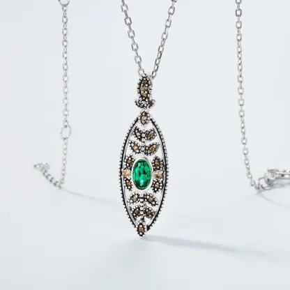 925 Sterling Silver Plated Gemstone Vintage Cz Zirconia Hollow Leaf Lab Emerald Pendant