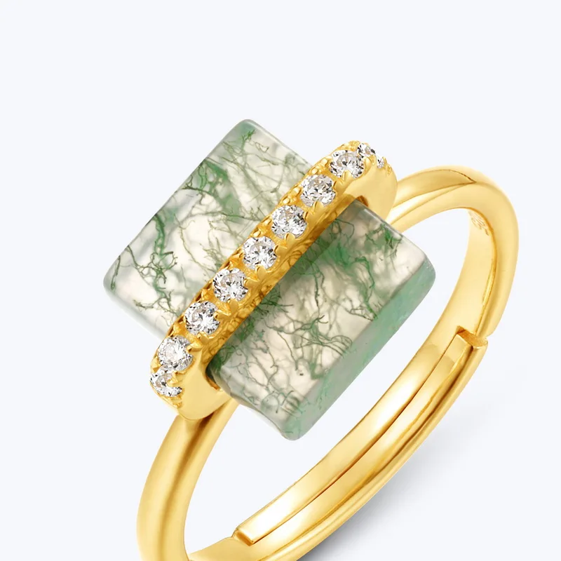 JewelyKing S925 Sterling Silver Statement Handmade Gemstone Moss Agate Ring JKRS0171