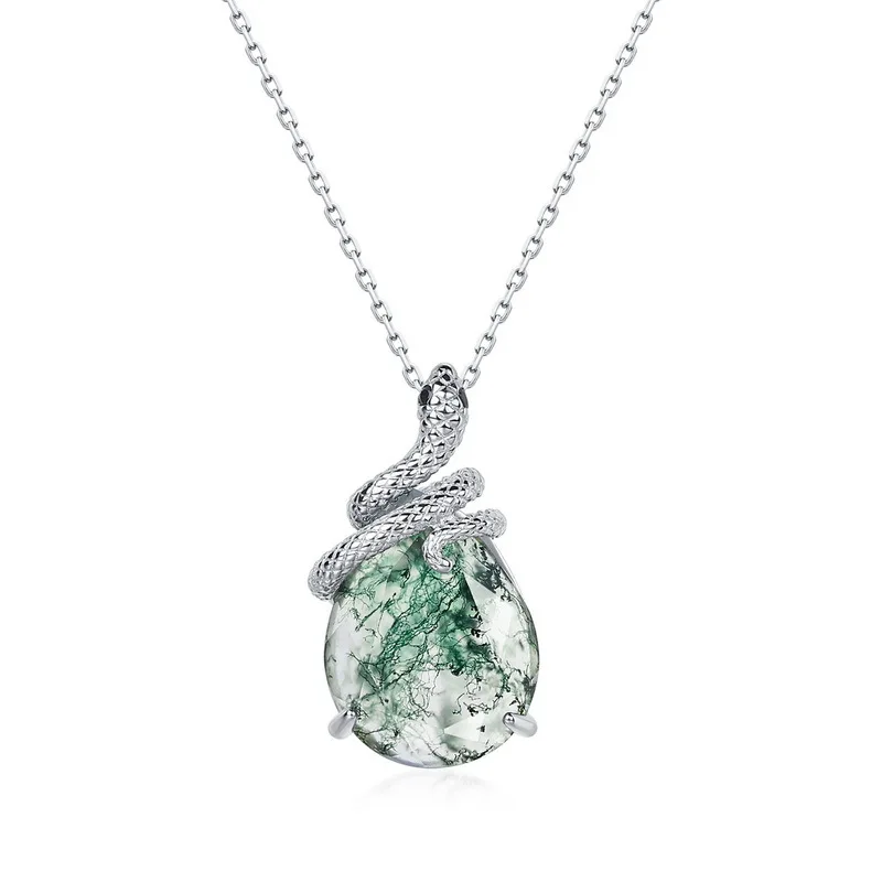 JewelyKing Natural Moss Agate Necklace Sets S925 Silver Cross Chain Women's Geometric Shape JKNS0028