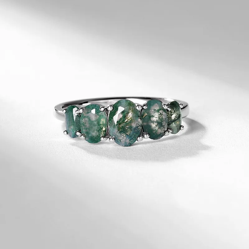 JewelyKing S925 Sterling Silver Oval Green Moss Agate Inlaid Five Stone Unique Personality Ring JKRS0186