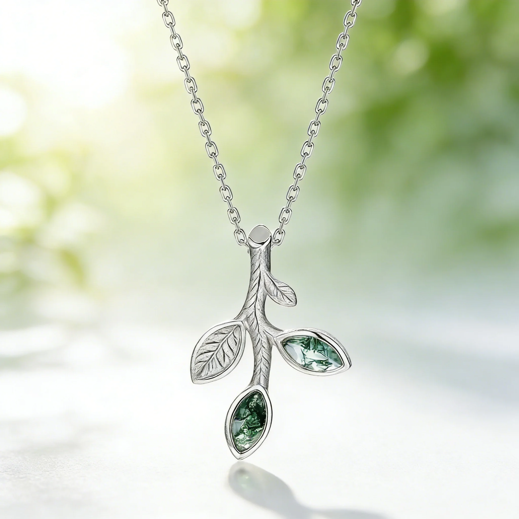 Jewelyking S925 Sterling Silver French Retro Style Green Moss Agate Leaf Pendant Necklace JKNS0095