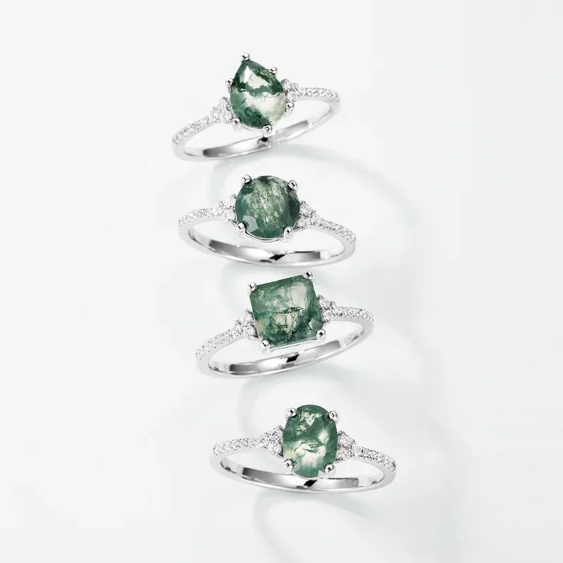 JewelyKing S925 Sterling Silver Moss Agate  Personality Advanced Engagement Ring JKRS0181